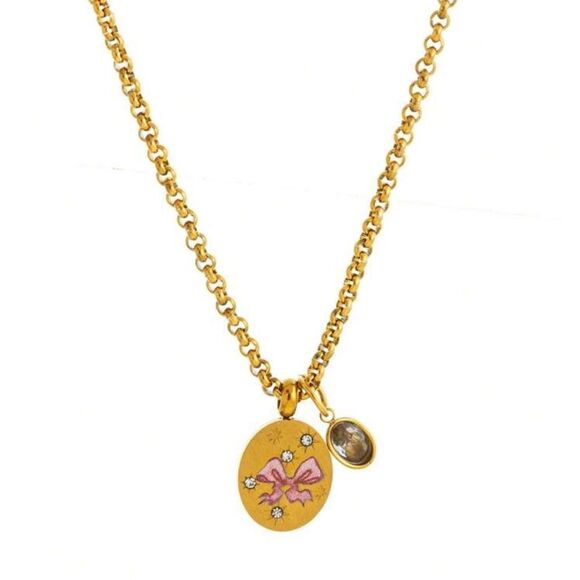 Gold Pendant Necklace with Pink bow M525 - Picture 1 of 3